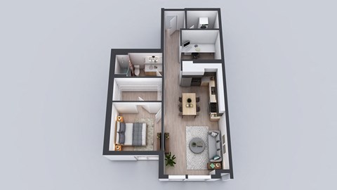 Floor plan for 1 bed, 1 bath, 887 sqft